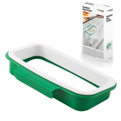 Suporte para saco de lixo em verde e branco com embalagem