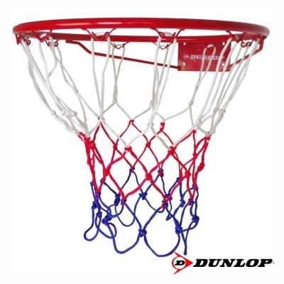 Aro de basquetebol vermelho com rede tricolor e logotipo Dunlop
