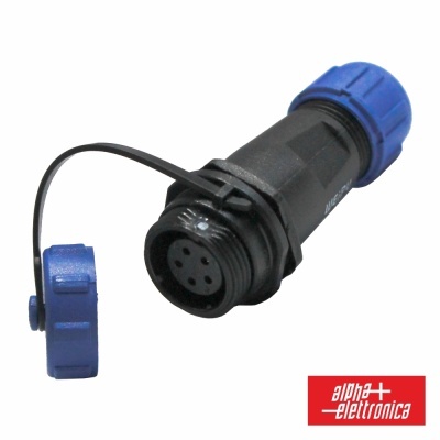 Conector elétrico preto com tampa azul e pinos internos.