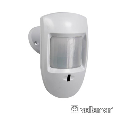 Sensor de movimento branco com recetor transparente e base redonda, com texto e logo velleman