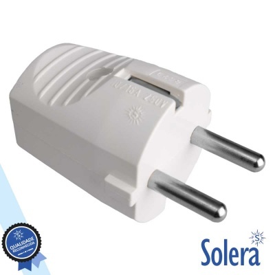 Adaptador de tomada branco Solera com dois pinos metalicos e selo de qualidade