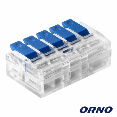 Conector elétrico transparente com alavancas azuis e logo ORNO