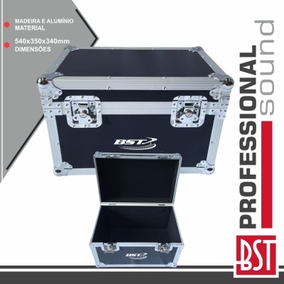 Caixa profissional BST de madeira e alumínio preta com detalhes prateados aberta e fechada