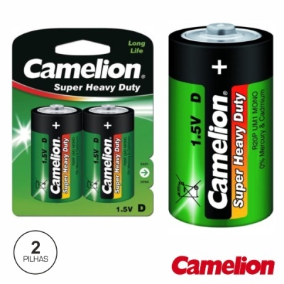 Pilhas D Camelion Super Heavy Duty 1,5V com embalagem verde e preta
