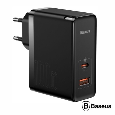 Carregador Baseus preto com duas portas USB e plugue europeu