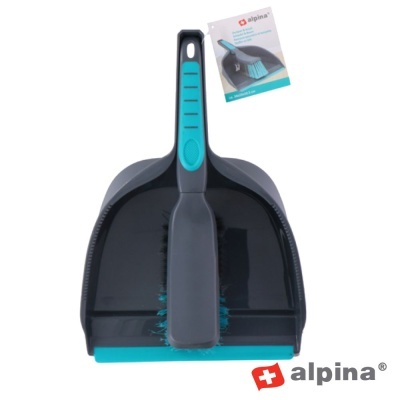 Pá de lixo e pincel preto com azul turquesa da marca alpina em fundo branco