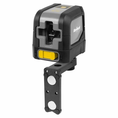 Laser de nivelamento preto e cinza com suporte de metal e detalhes amarelos