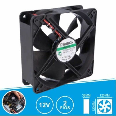 ventoinha de refrigeração preta SUNON 120mm x 120mm x 38mm com etiqueta central e cabo 2 fios