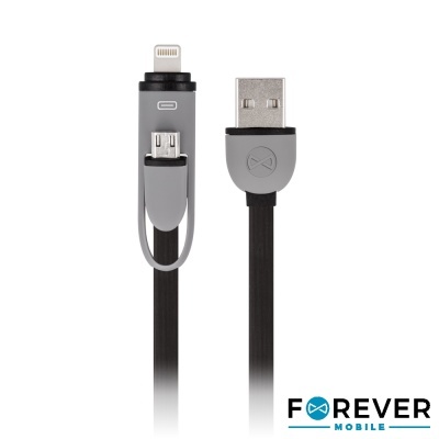 Cabo USB com múltiplos conectores em preto e cinza