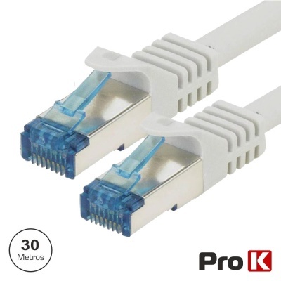 Cabo de rede ethernet branco com conectores RJ45 e texto Pro K