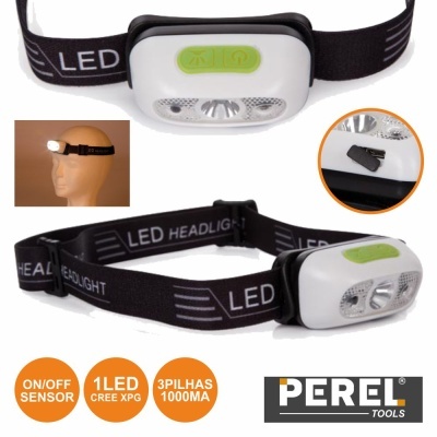 Lanterna de cabeça LED branca com fita preta LED HEADLIGHT e botão verde