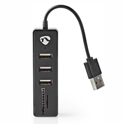 Hub USB preto com três portas e ranhura para cartão com cabo USB