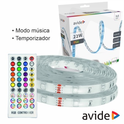 Fita LED RGB avide com comando remoto colorido e embalagem branca com texto