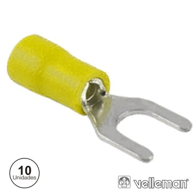 Terminal isolado tipo garfo amarelo com metal prateado e embalagem Velleman 10 unidades