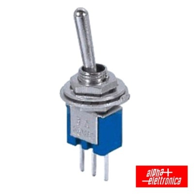 Interruptor toggle metálico com base azul e pinos