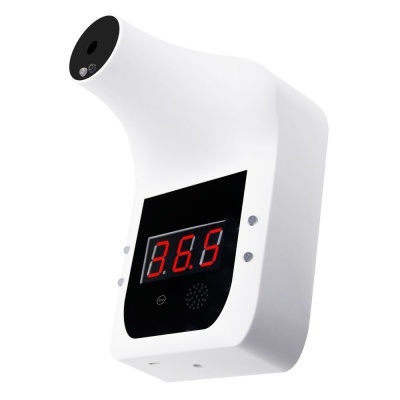 Termómetro digital branco de parede com visor preto e número 36.5 vermelho