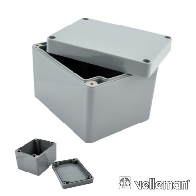 Caixa de plástico cinzento com tampa removível e marca Velleman