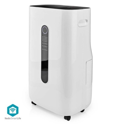 Desumidificador branco com painel frontal preto e rodas na base