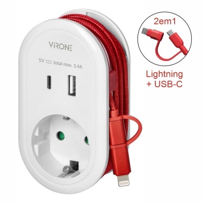 Tomada elétrica branca com duas portas USB e cabo vermelho trançado 2em1 Lightning + USB-C