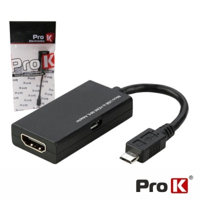 Adaptador preto Pro K com micro USB para HDMI e embalagem ao fundo