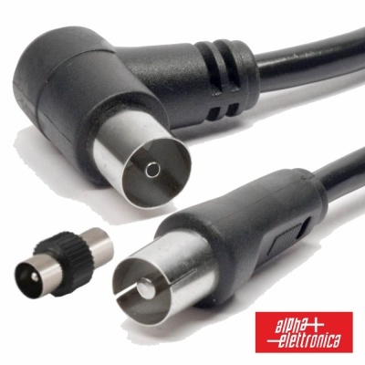 Cabo de antena coaxial preto com conectores e adaptador sobre fundo branco