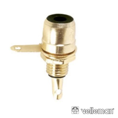 Conector jack metálico prateado com detalhe preto e rosca para fixação