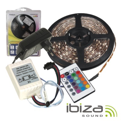 Fita LED, comando remoto, transformador e adaptador com embalagem e logo ibiza sound