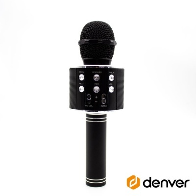Microfone preto com painel de controlo e botão, logótipo denver