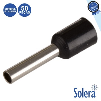 Terminal elétrico bucha isoladora preto e metal com texto MEDIDA Ø1.5x8MM e 50 PEÇAS em círculo azul