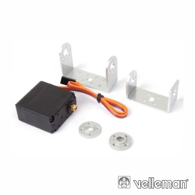 Servo motor preto com acessórios metálicos e cabo laranja