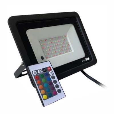 Refletor LED preto com painel de luzes coloridas e comando remoto colorido