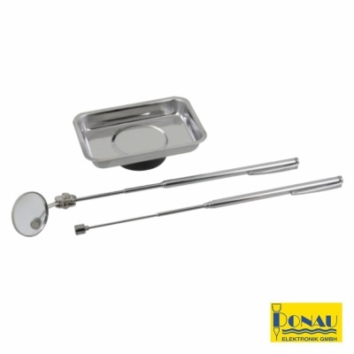 Ferramentas dentárias em metal inoxidável com espelho, explorador e bandeja magnética.