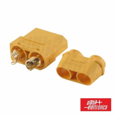 Conector elétrico amarelo de duas peças com pinos metálicos e cavidades de encaixe