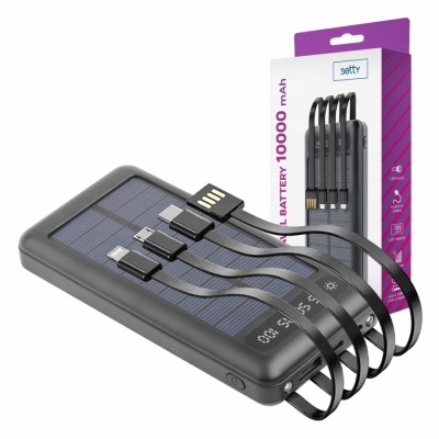 Powerbank preto com painel solar e cabos USB integrados ao lado da embalagem.