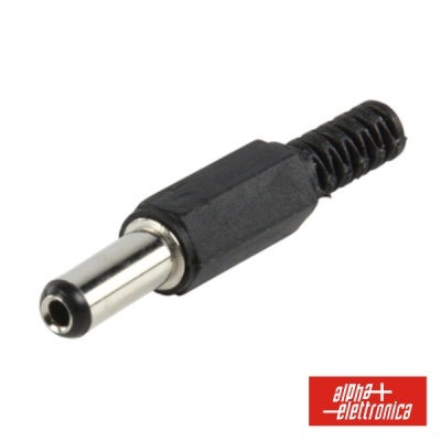 Conector DC metálico preto com logo alpha elettronica vermelho