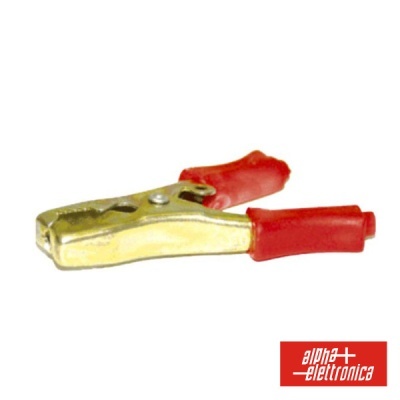 Pinça metálica com isoladores vermelhos em fundo branco com logótipo Alpha Elettronica