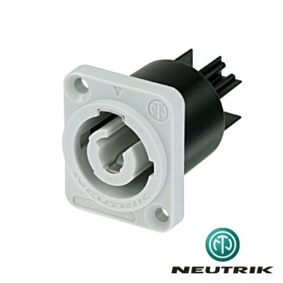 Conector elétrico NEUTRIK branco com corpo preto e formato quadrado.