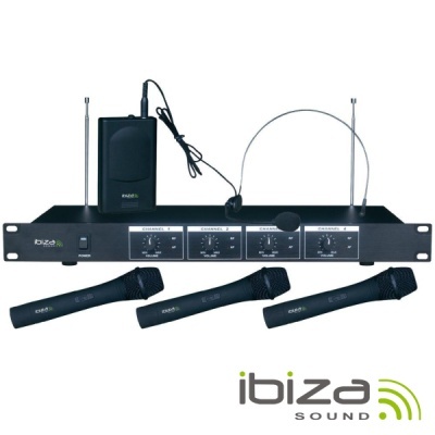 Sistema de microfone sem fios Ibiza Sound com quatro canais e microfones vários.