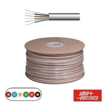 Bobina de cabo elétrico cinza com fios coloridos e logótipo alpha elettronica