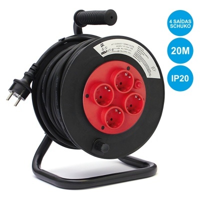Enrolador de cabo elétrico preto com quatro tomadas vermelhas e cabo de 20 metros