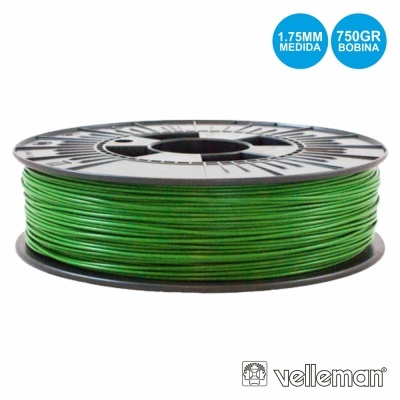 Bobina de fio verde Velleman 1.75MM 750GR sobre fundo branco