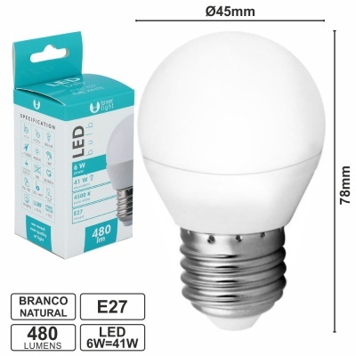 Lâmpada LED globo branco natural E27 6W embalagem azul e branca