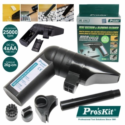 Mini aspirador e soprador de pó Pro'sKit preto com acessórios e embalagem verde.