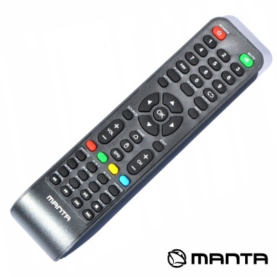 Comando à distância preto com botões coloridos e texto MANTA