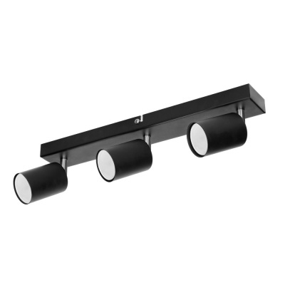 Candeeiro de teto preto com três focos cilíndricos ajustáveis em metal