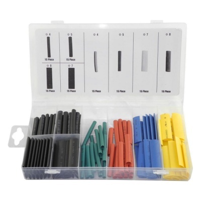 caixa transparente com tubos termorretráteis coloridos organizados por tamanho