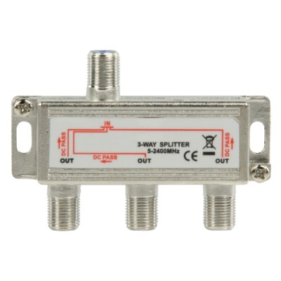Divisor de sinal coaxial 3-way splitter metálico com entradas e saídas roscadas e etiqueta branca