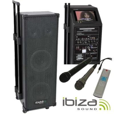 Coluna portátil preta Ibiza Sound com leitor de vídeo, microfones e comando remoto