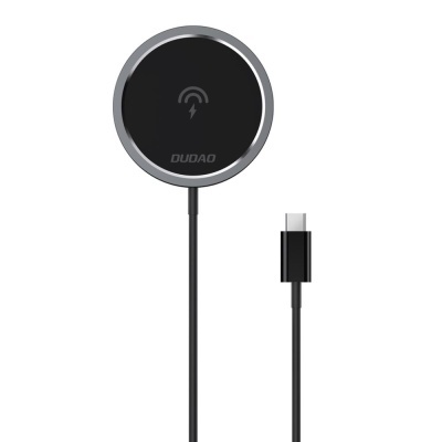 Carregador sem fios redondo preto com cabo USB-C