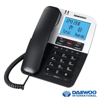 Telefone fixo Daewoo preto e cinza com ecrã digital azul e teclado numérico.